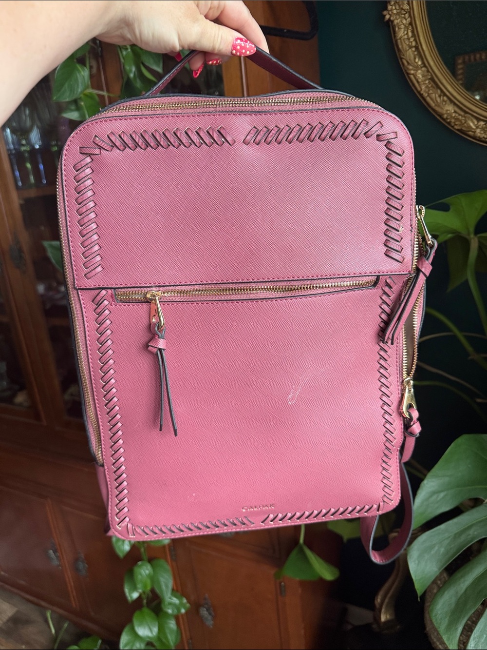 Calpak Mauve Pink Whipstitch Leather Backpack